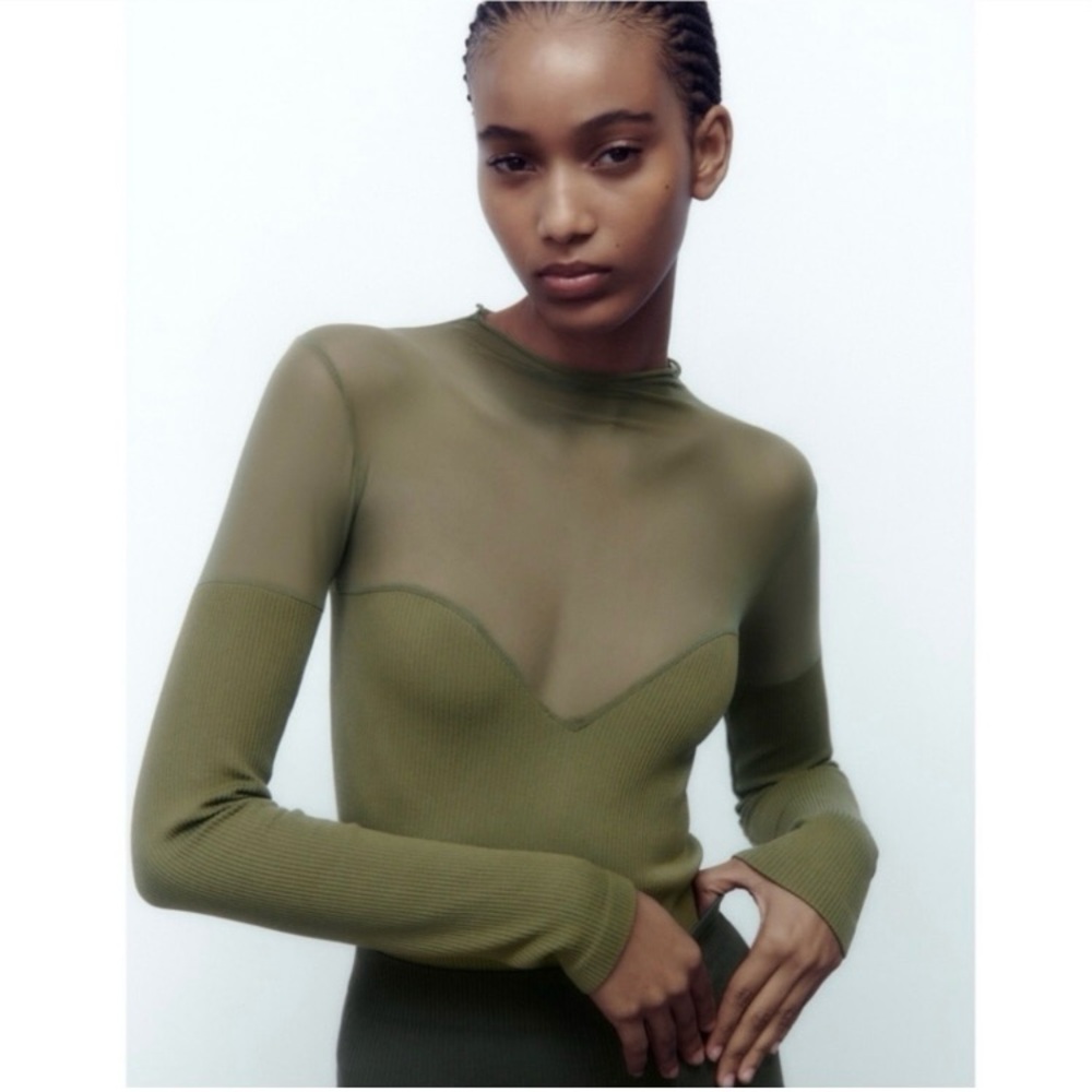 Zara Green Fitted Long Sleeve Bodysuit